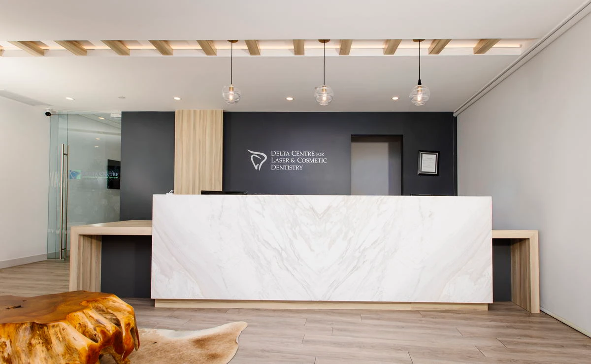 front view of the marble reception counter at delta centre for laser and cosmetic dentistry